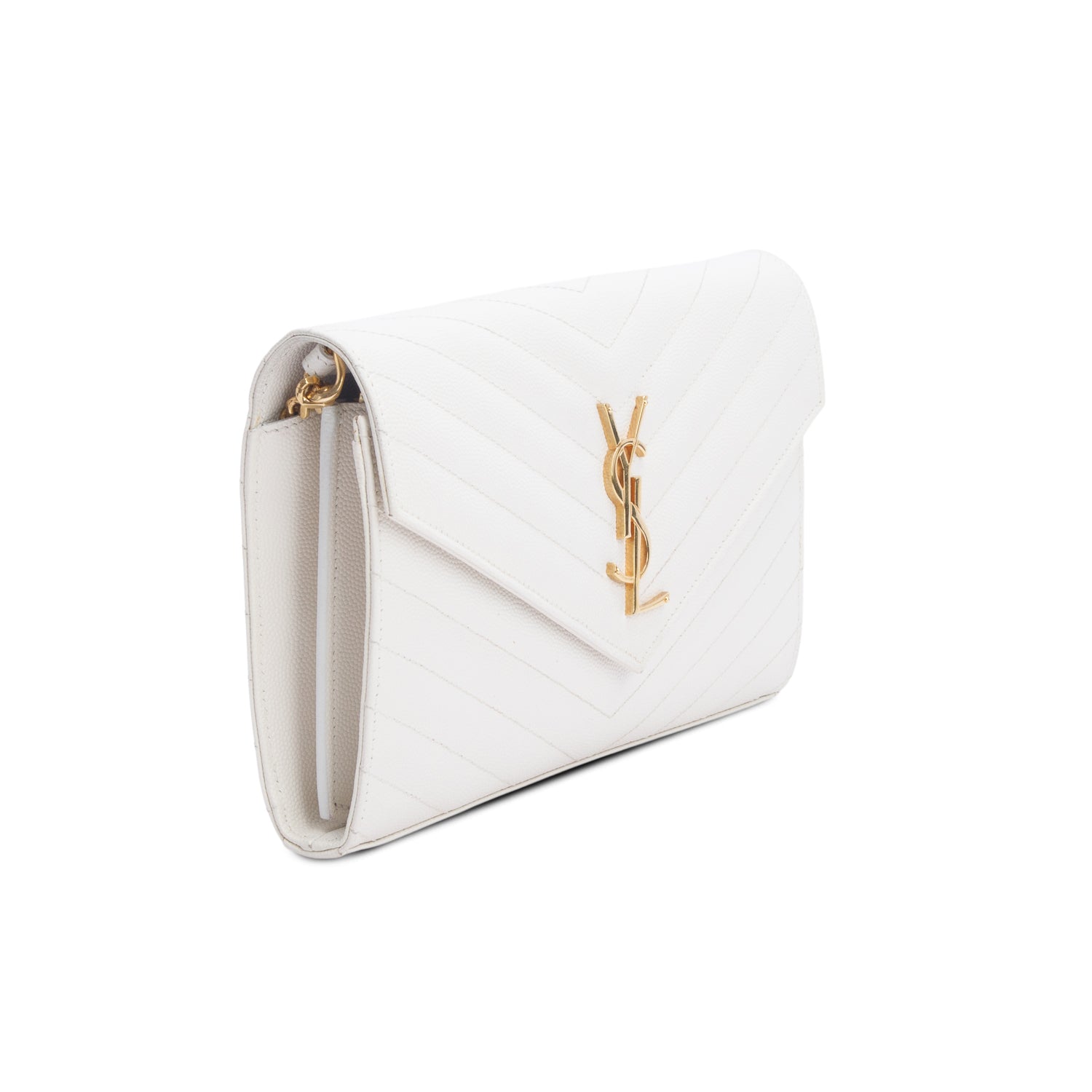 Saint Laurent 2024 Cream Grain De Poudre Chevron Cassandre Envelope Chain Wallet