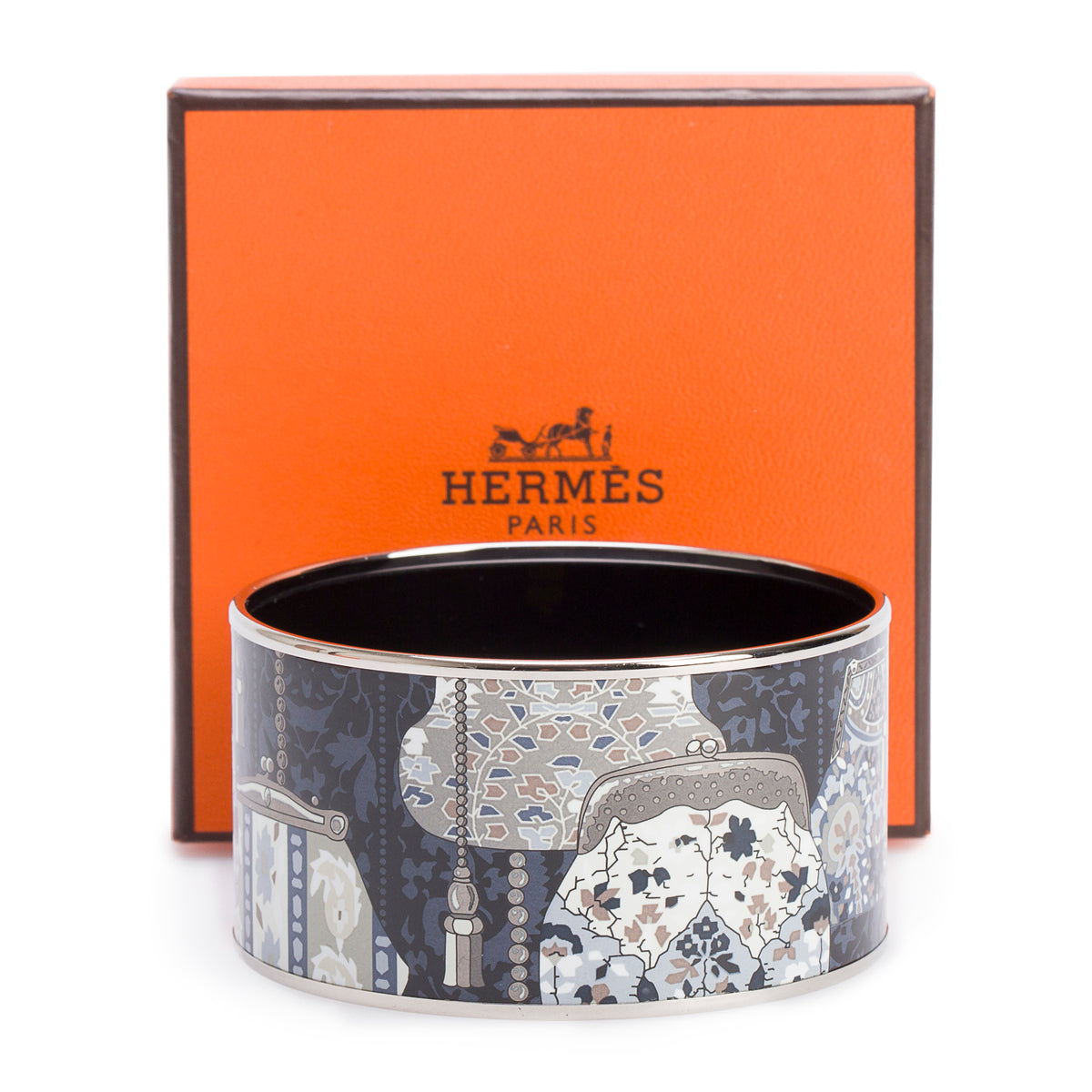 Hermes Palladium-Plated Black/Multicolour 'Cachemire de Tamara' Enamel Extra Wide Bangle w/ Box