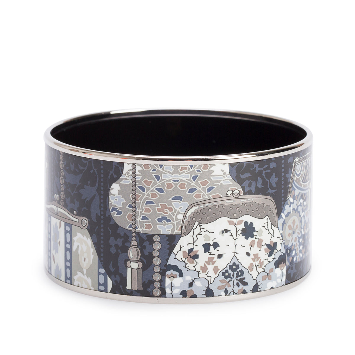 Hermes Palladium-Plated Black/Multicolour 'Cachemire de Tamara' Enamel Extra Wide Bangle w/ Box