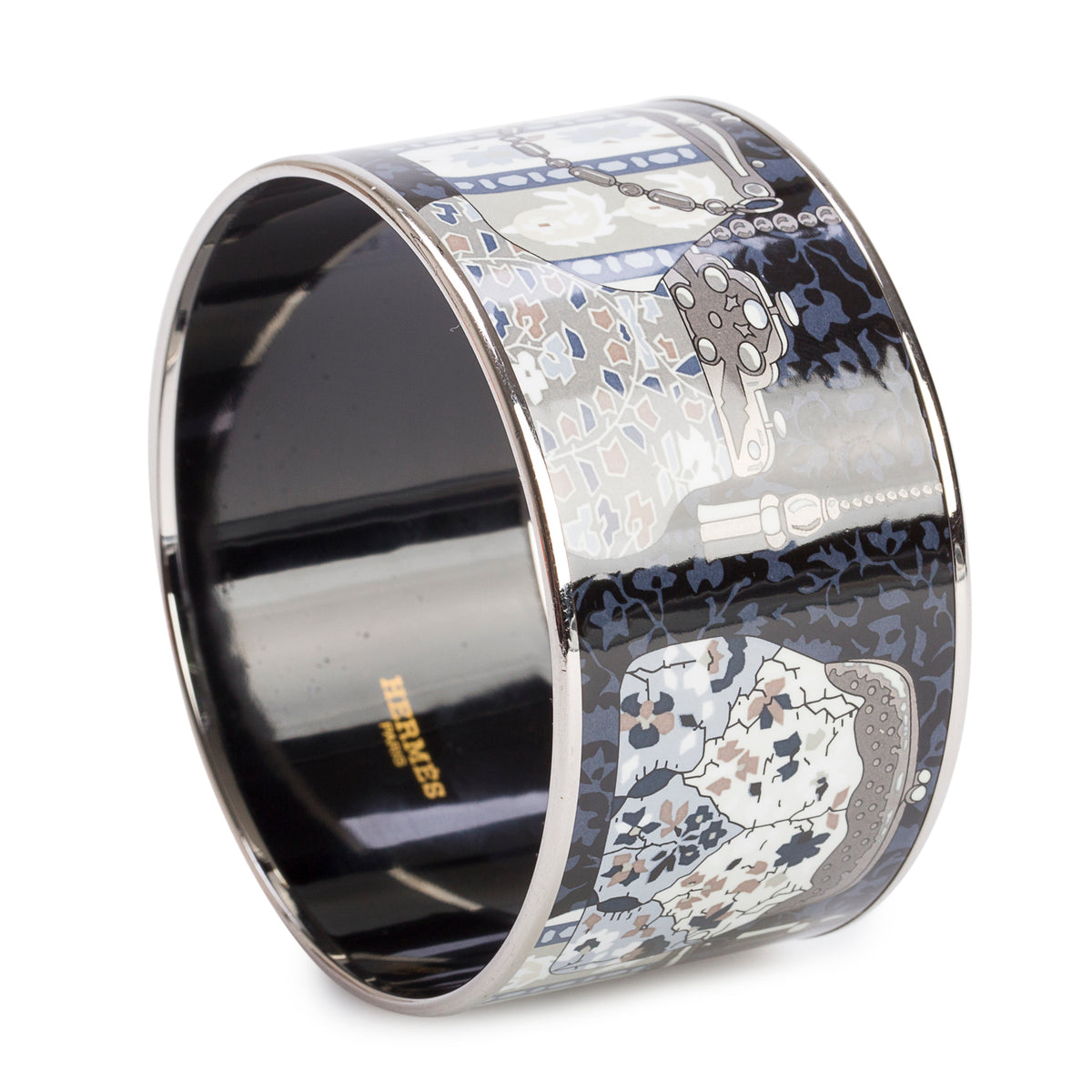 Hermes Palladium-Plated Black/Multicolour 'Cachemire de Tamara' Enamel Extra Wide Bangle w/ Box