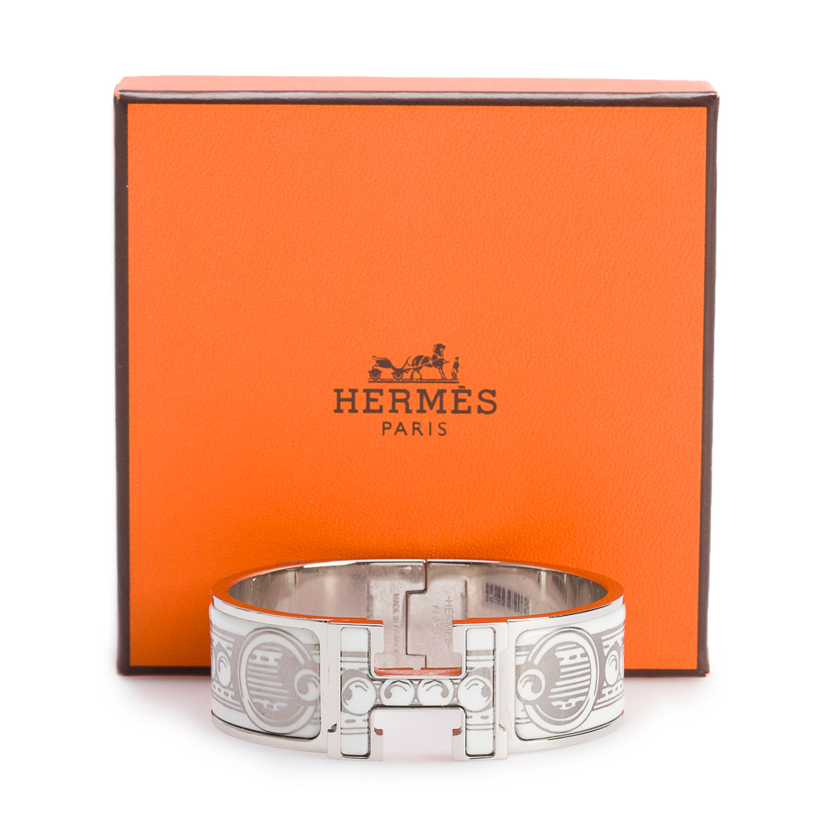 Hermes Palladium-Plated White/Silver 'Bijoux Trompe l'Oeil' Enamel Clic Clac H Bracelet w/ Box