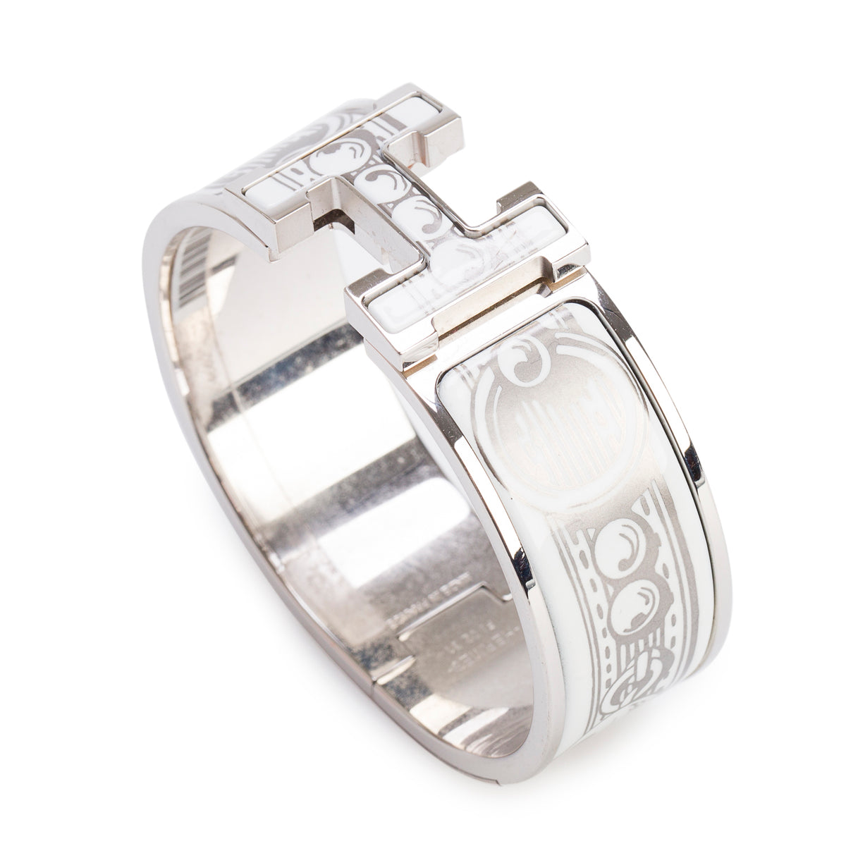 Hermes Palladium-Plated White/Silver 'Bijoux Trompe l'Oeil' Enamel Clic Clac H Bracelet w/ Box
