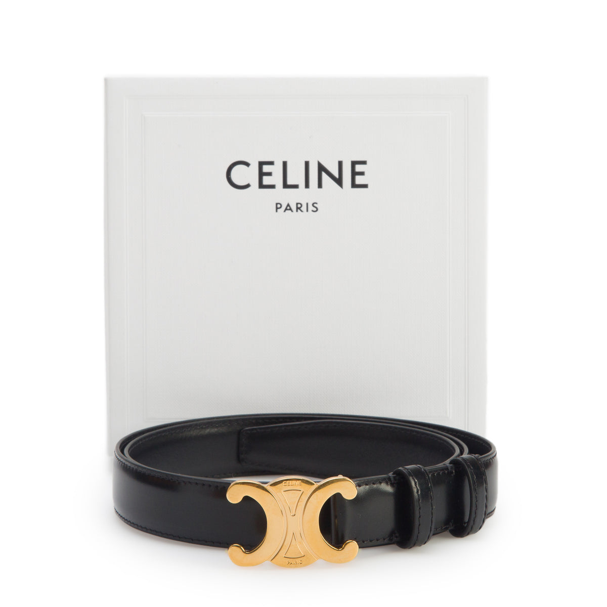 Celine 2024 Black Taurillon Leather Medium Triomphe 25 MM Belt, Size 95 w/ Box & Receipt