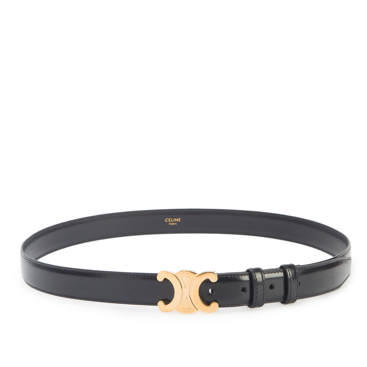 Celine 2024 Black Taurillon Leather Medium Triomphe 25 MM Belt, Size 95 w/ Box & Receipt