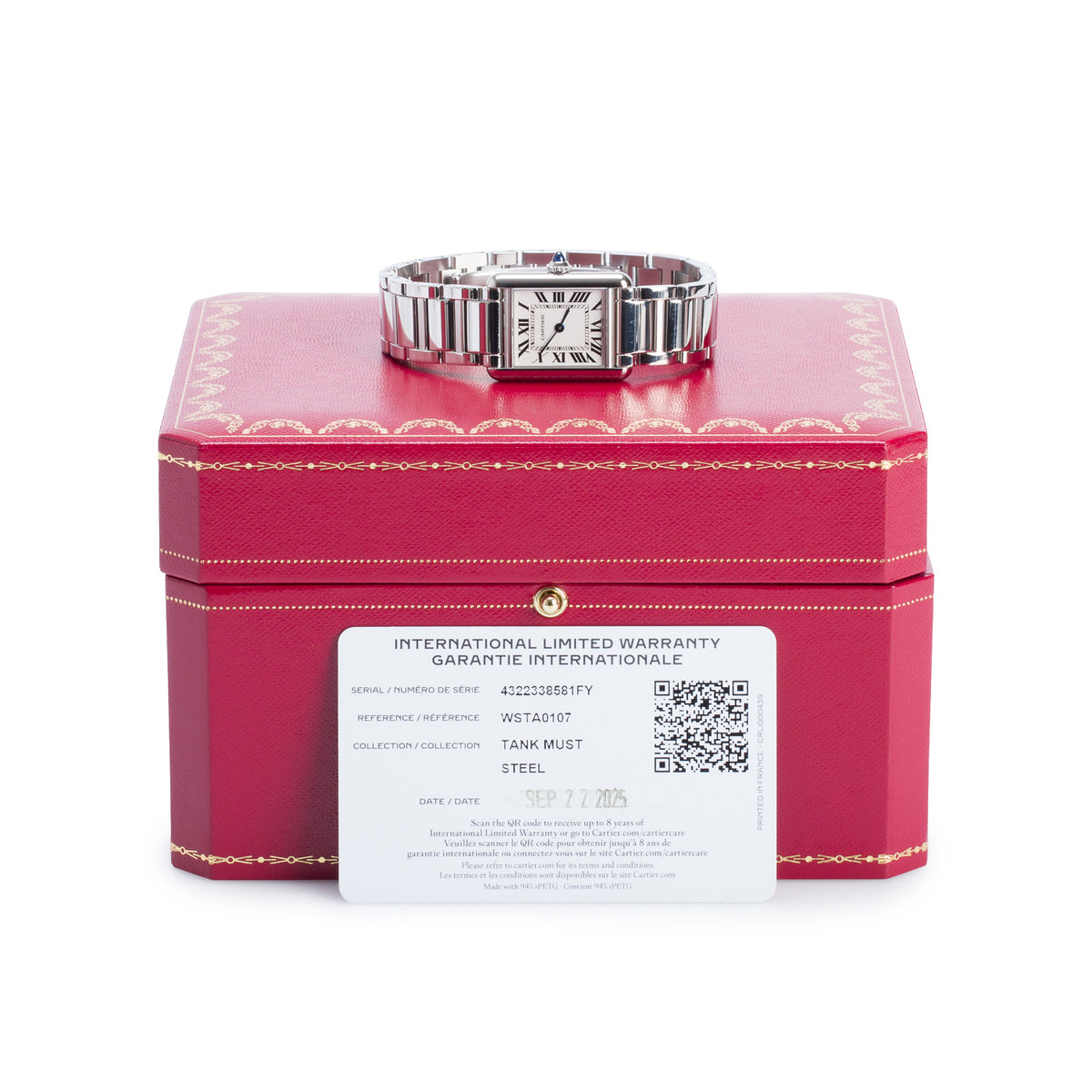 Cartier 2025 Stainless Steel Tank Must de Cartier Quartz Watch, Small Model 4322 w/ Box & Papers