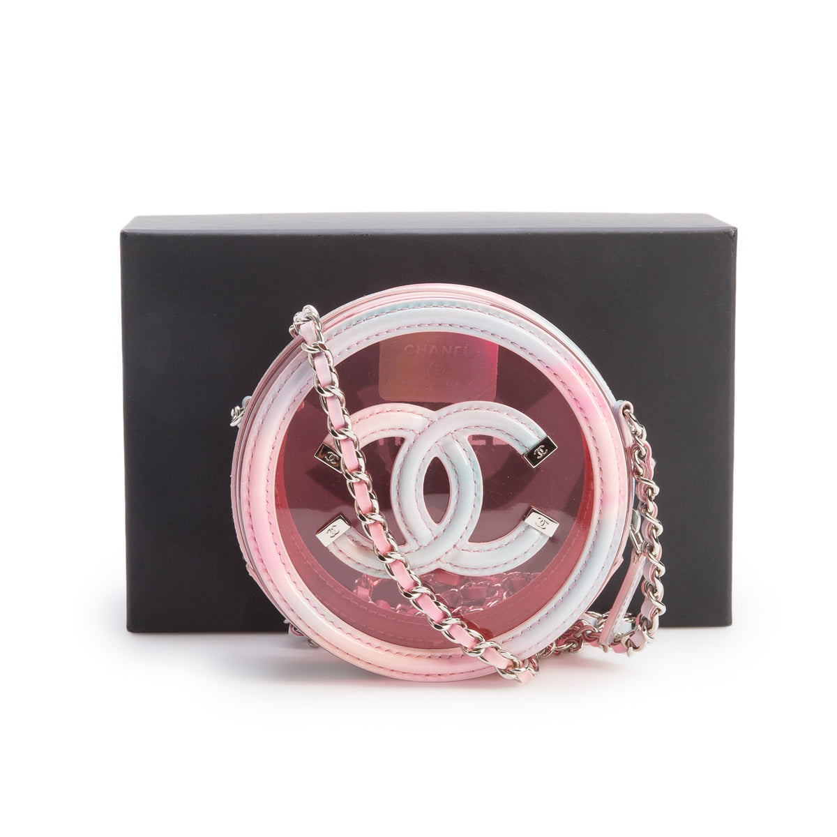 Chanel Pink PVC Patent Leather Round Filigree Chain Clutch w/ Box & Authenticity Card