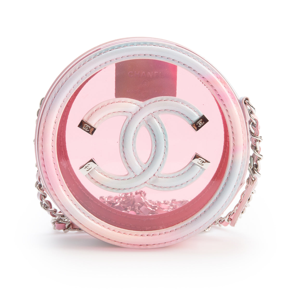 Chanel Pink PVC Patent Leather Round Filigree Chain Clutch w/ Box & Authenticity Card
