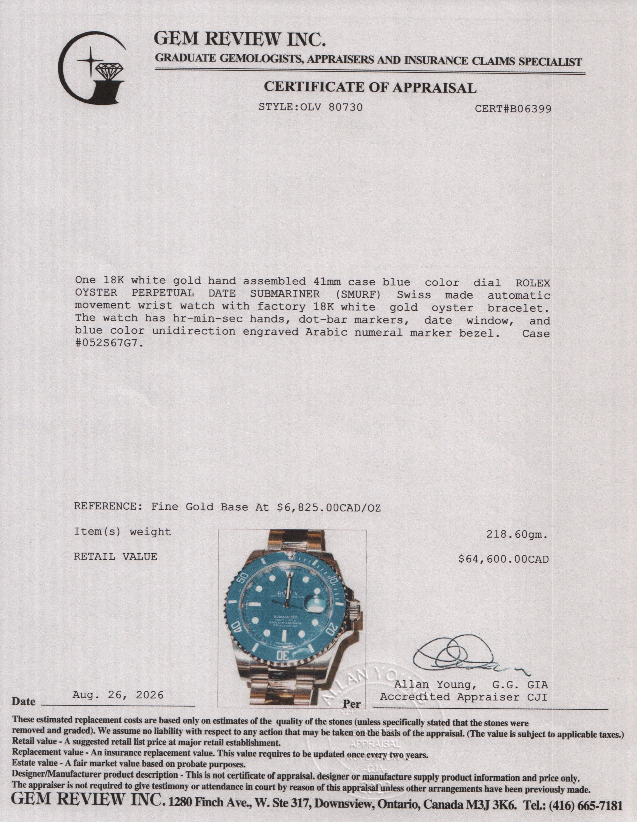 Rolex 2020 18k White Gold Submariner Date 'Smurf' 41 MM Automatic Watch Blue Dial 116619LB w/ Box & Papers