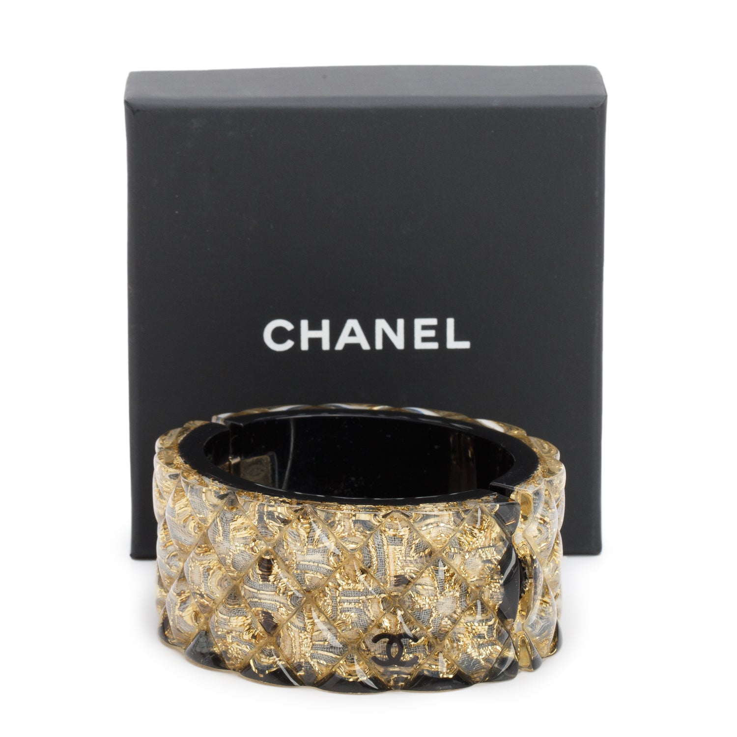 Chanel Transparent & Black Resin CC Hinged Bangle Bracelet w/ Box