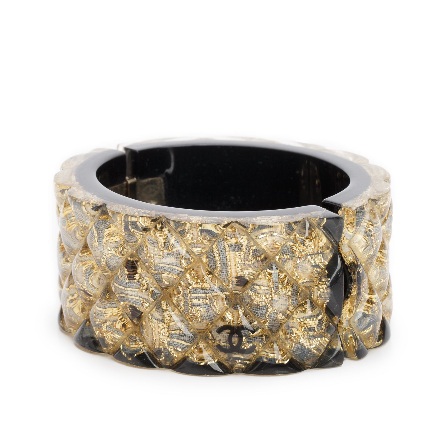 Chanel Transparent & Black Resin CC Hinged Bangle Bracelet w/ Box