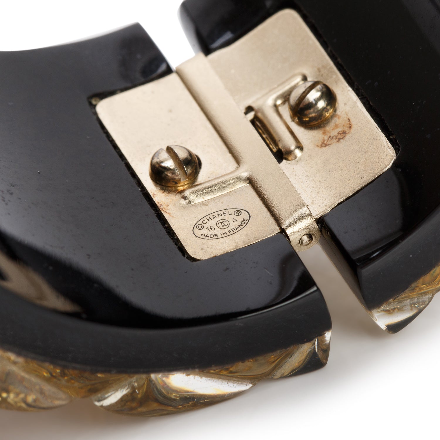 Chanel Transparent & Black Resin CC Hinged Bangle Bracelet w/ Box