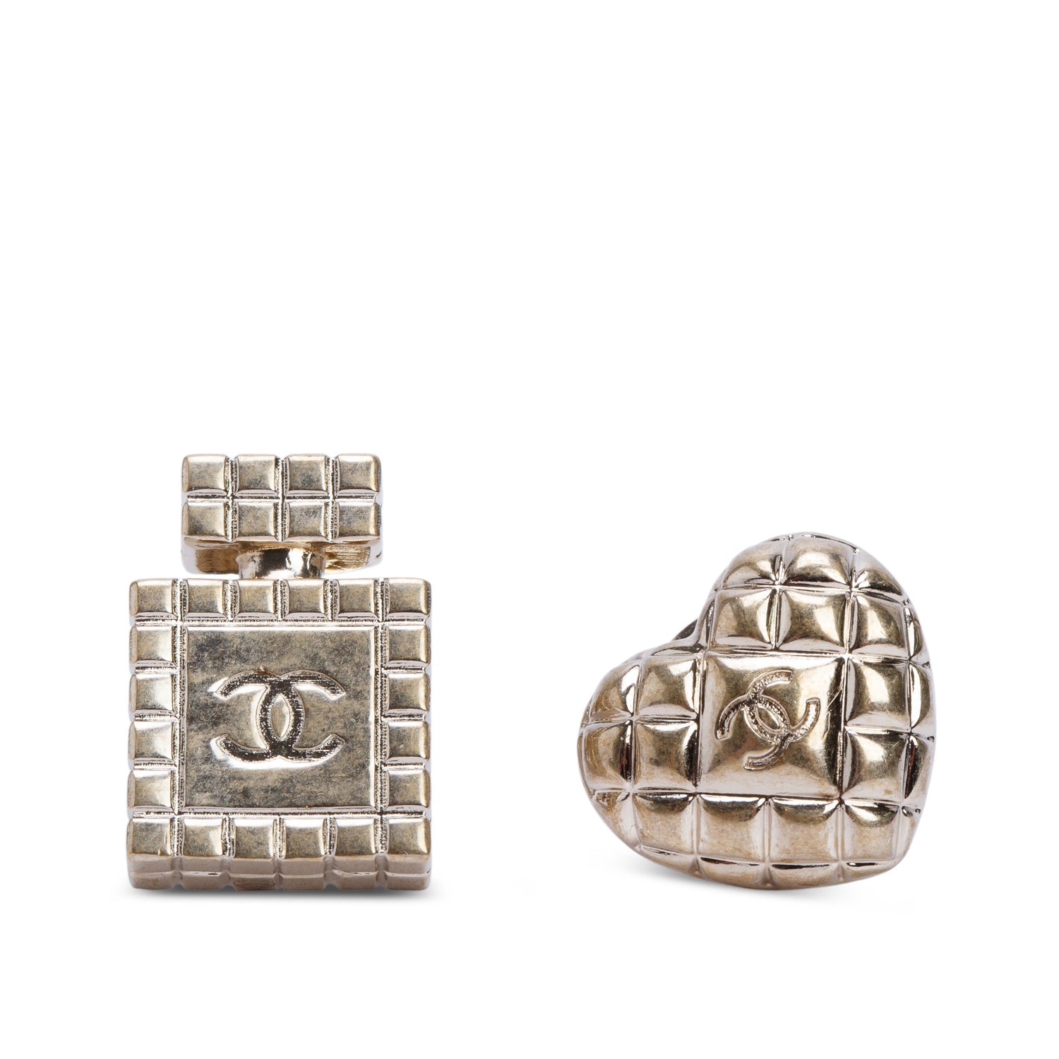 Chanel 2021 Gold Plated Quilted Perfume Bottle & Heart CC Pin Brooch Set w/ Box