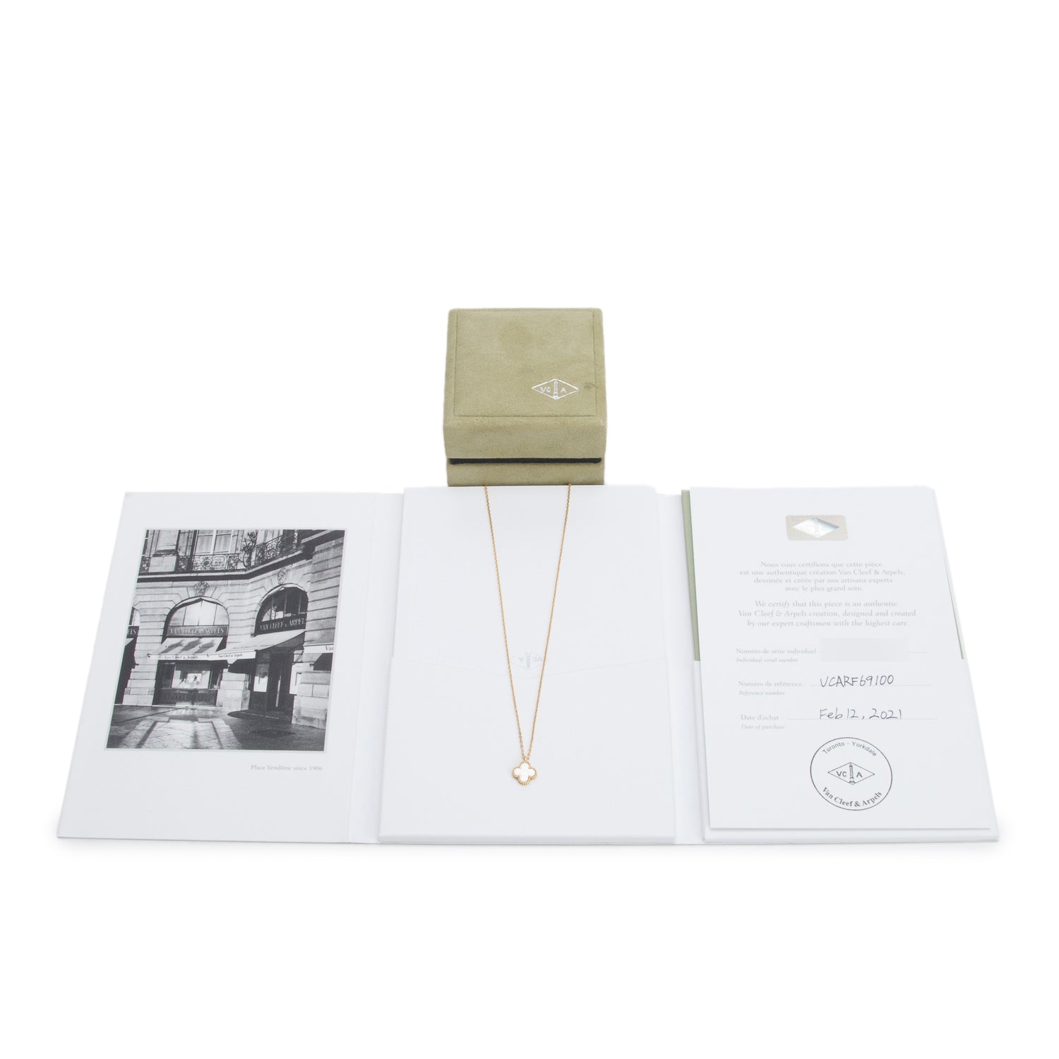 Van Cleef & Arpels 2021 18k Yellow Gold Sweet Alhambra Mother of Pearl Pendant Necklace w/ Box & Certificate