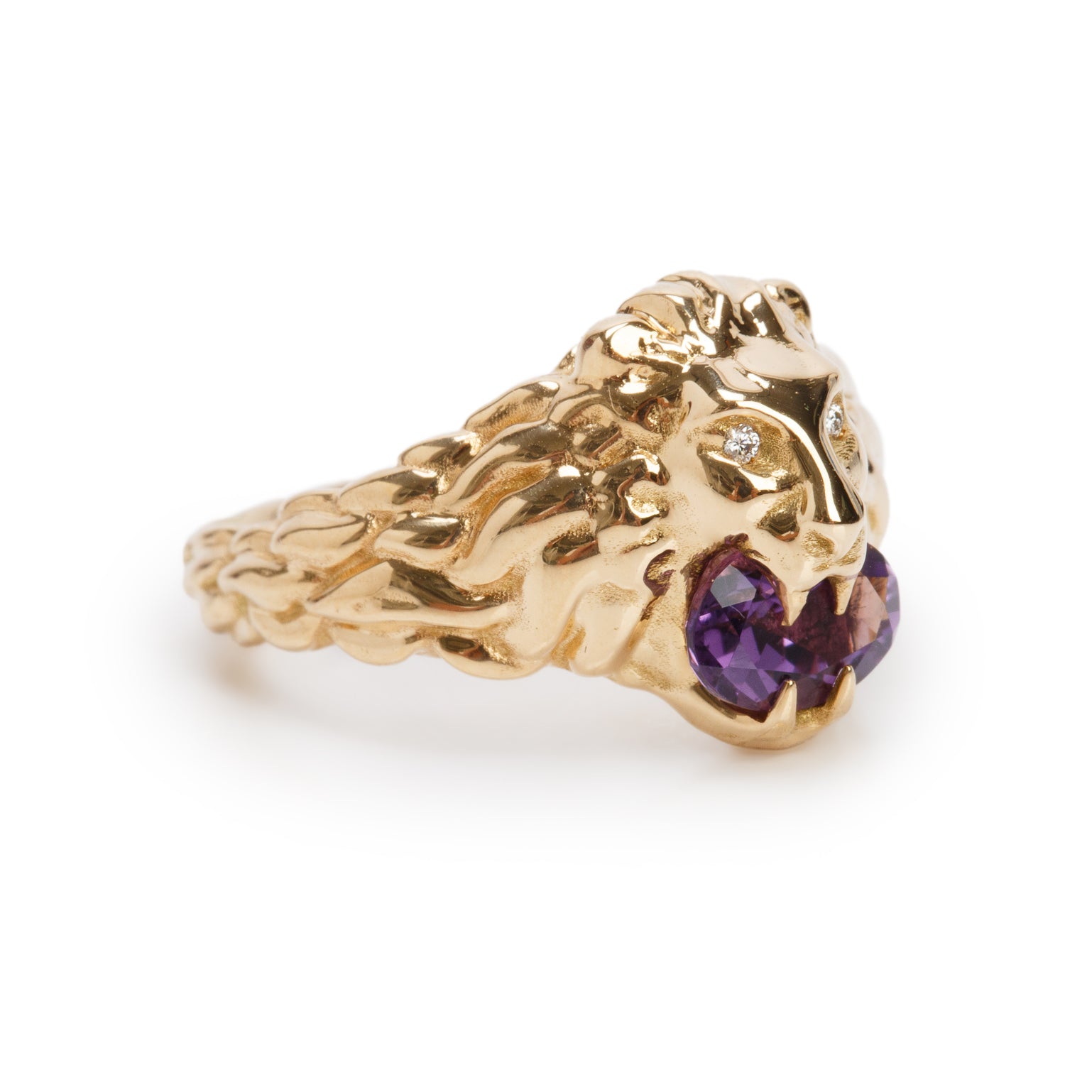 Gucci 18k Yellow Gold Lion Head Ring with Amethyst & Diamonds, Size 11 5.5