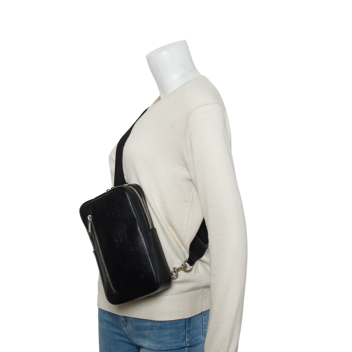 Gucci Black Calfskin GG Tennis Embossed Sling Bag