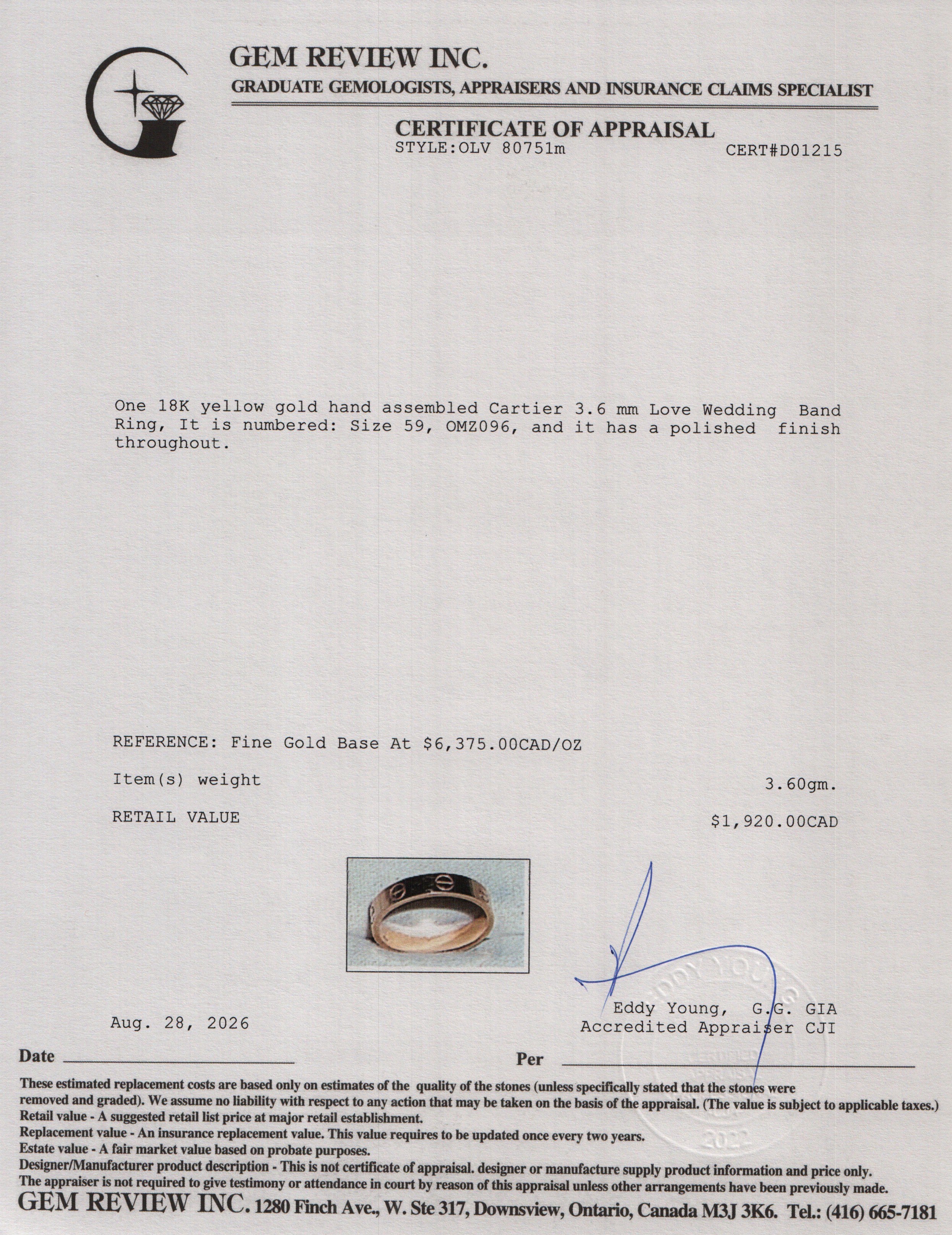 Cartier 2021 18k Yellow Gold 3.6 mm Love Wedding Band Ring, Small Model Size 59 8.75 w/ Box & Certificate