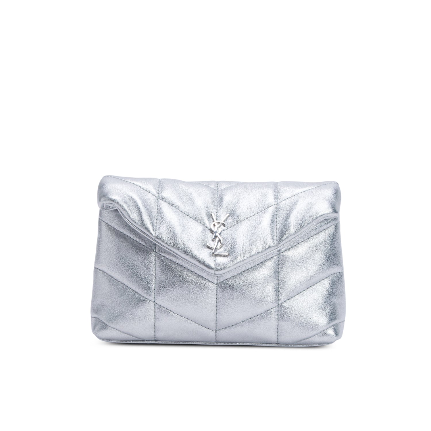 Saint Laurent 2021 Silver Metallic Small Puffer Pouch w/ Card Holder
