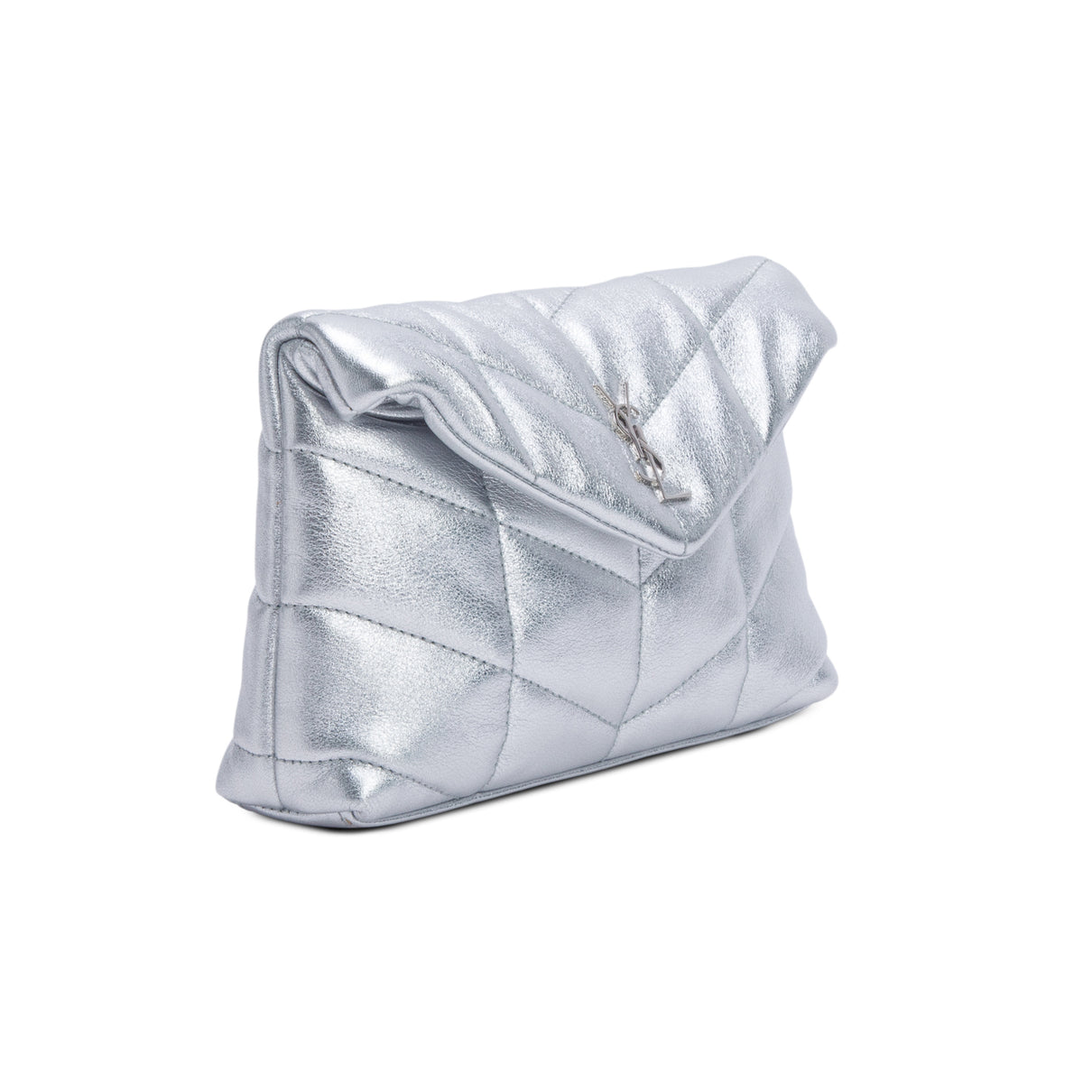Saint Laurent 2021 Silver Metallic Small Puffer Pouch w/ Card Holder
