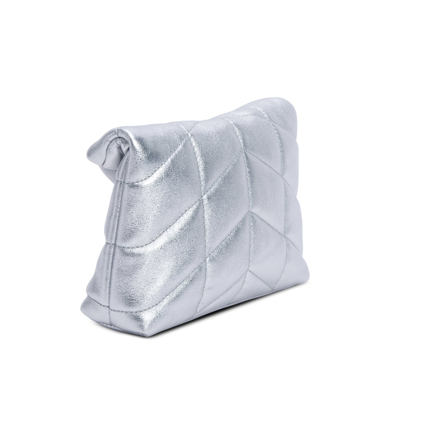 Saint Laurent 2021 Silver Metallic Small Puffer Pouch w/ Card Holder