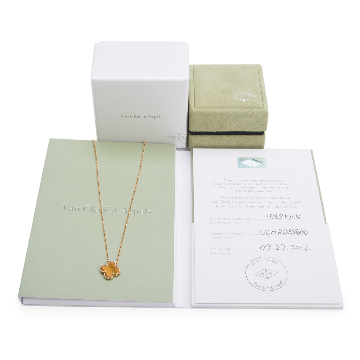 Van Cleef & Arpels 2022 18k Yellow Gold Vintage Alhambra Tiger Eye Pendant Necklace w/ Box & Certificate