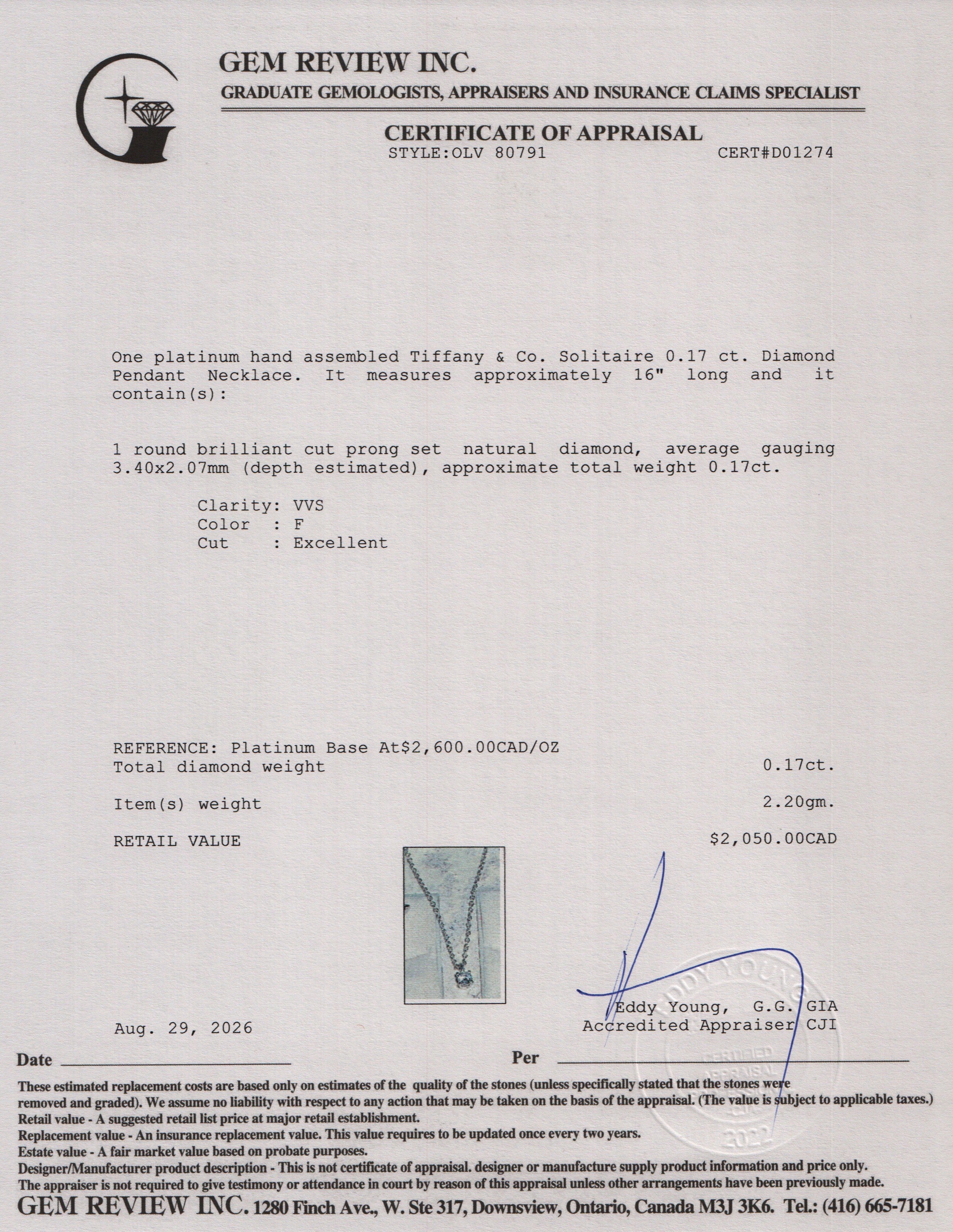 Tiffany & Co. Platinum Solitaire 0.17 ct. Diamond Pendant Necklace w/ Box