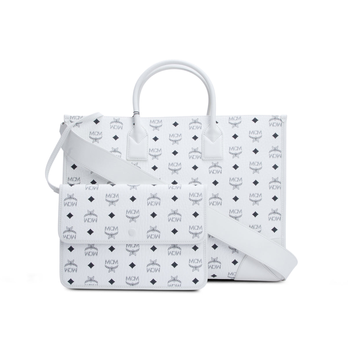 MCM White Visetos X-Large Munchen Tote w/ Strap & Pouch