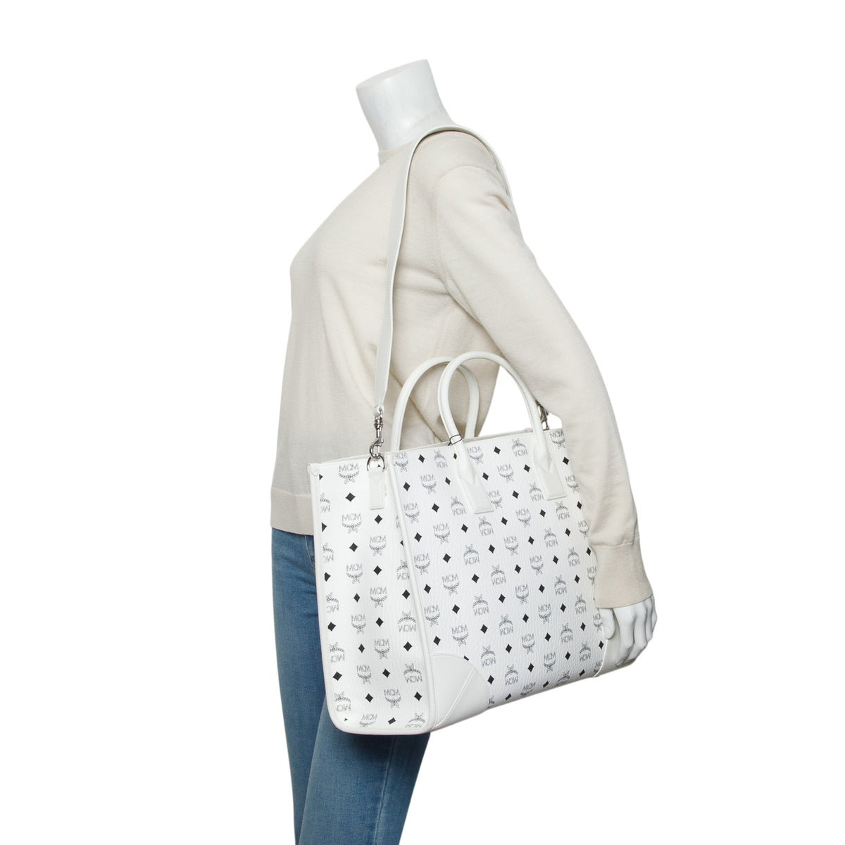 MCM White Visetos X-Large Munchen Tote w/ Strap & Pouch
