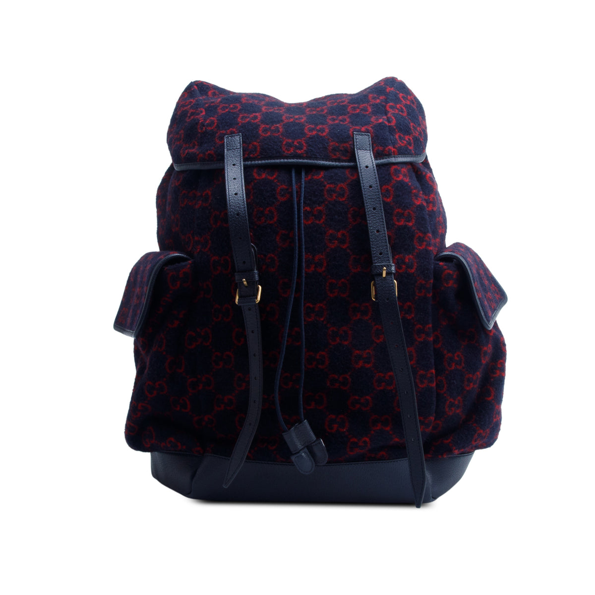 Gucci Navy Covered Wool GG Monogram Double Buckle Backpack