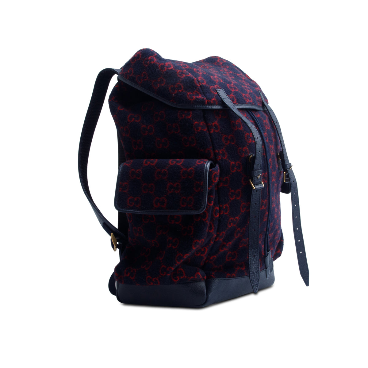 Gucci Navy Covered Wool GG Monogram Double Buckle Backpack
