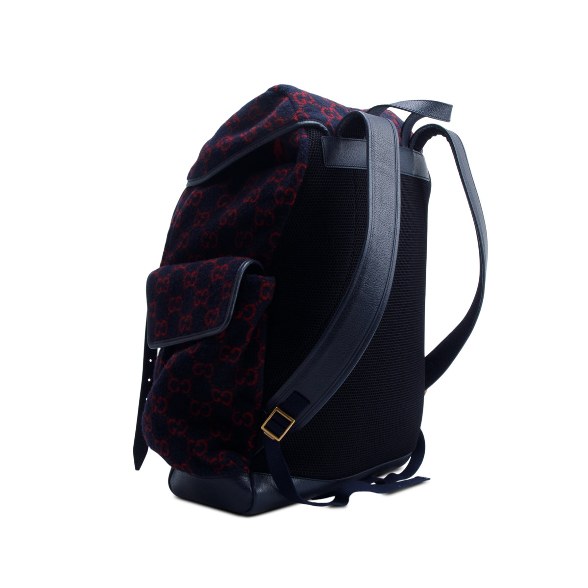 Gucci Navy Covered Wool GG Monogram Double Buckle Backpack