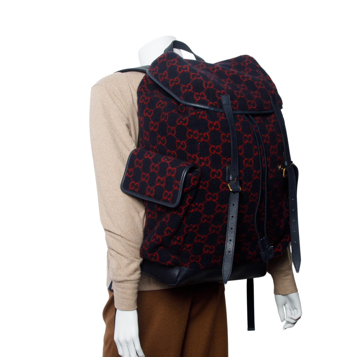 Gucci Navy Covered Wool GG Monogram Double Buckle Backpack