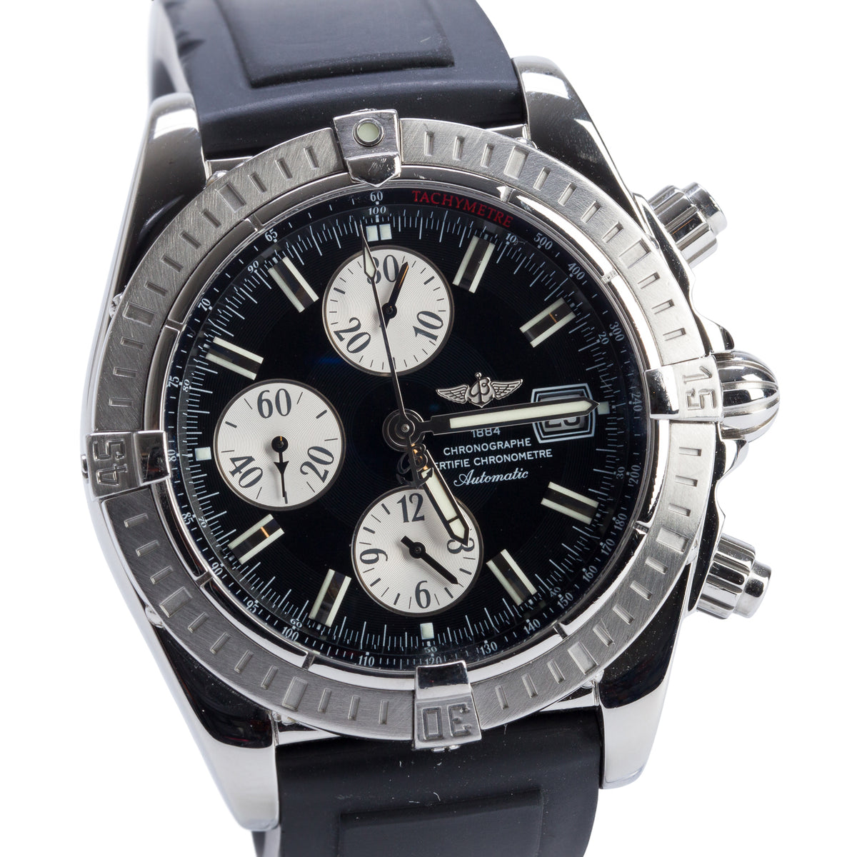 Breitling Stainless Steel Chronomat Evolution 44 MM Automatic Chronograph Watch Black Dial A13356 w/ Box & Extra Straps