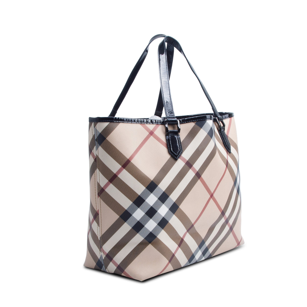 Burberry Super Nova Check Black Patent Leather Trim Large Nickie Tote Bag w/ Pouch
