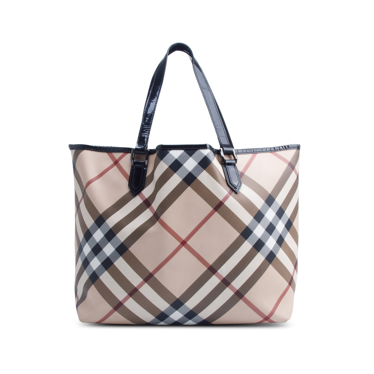 Burberry Super Nova Check Black Patent Leather Trim Large Nickie Tote Bag w/ Pouch