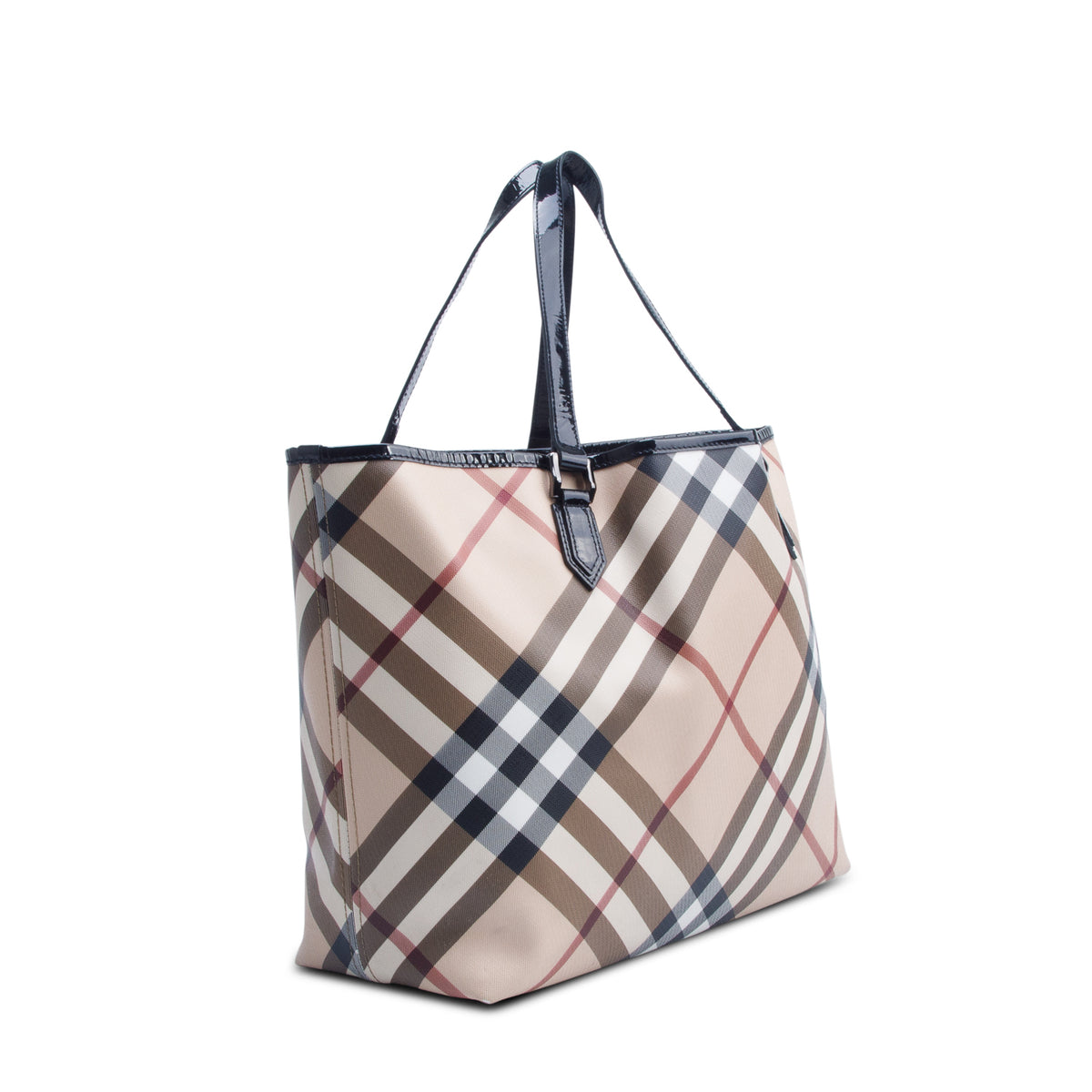 Burberry Super Nova Check Black Patent Leather Trim Large Nickie Tote Bag w/ Pouch