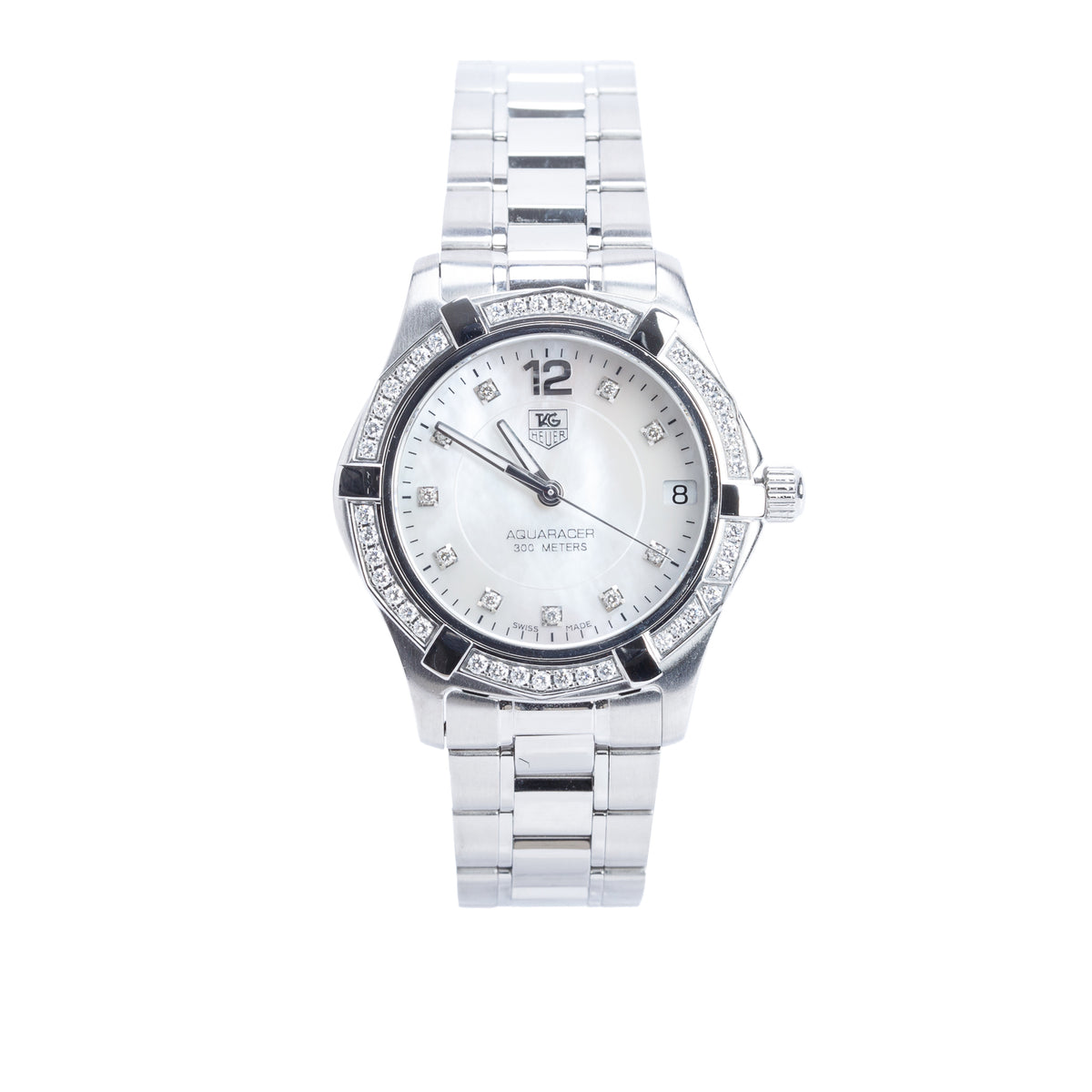 Tag Heuer Stainless Steel Diamond Bezel Carrera 28 MM Automatic Watch Mother of Pearl Diamond Dial WV2413