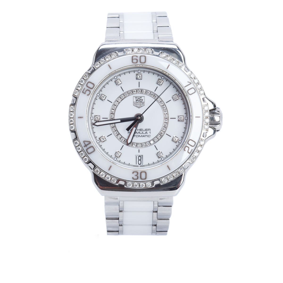 Tag Heuer Stainless Steel & White Ceramic Diamond Bezel Formula 1 37 MM Automatic Watch White Diamond Dial WAU2213