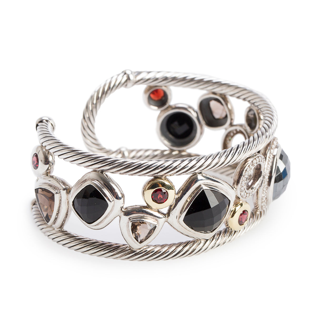 David Yurman Sterling Silver & 18k Yellow Gold Multi-Stone & Diamond Mosaic Cuff Bracelet w/ Box