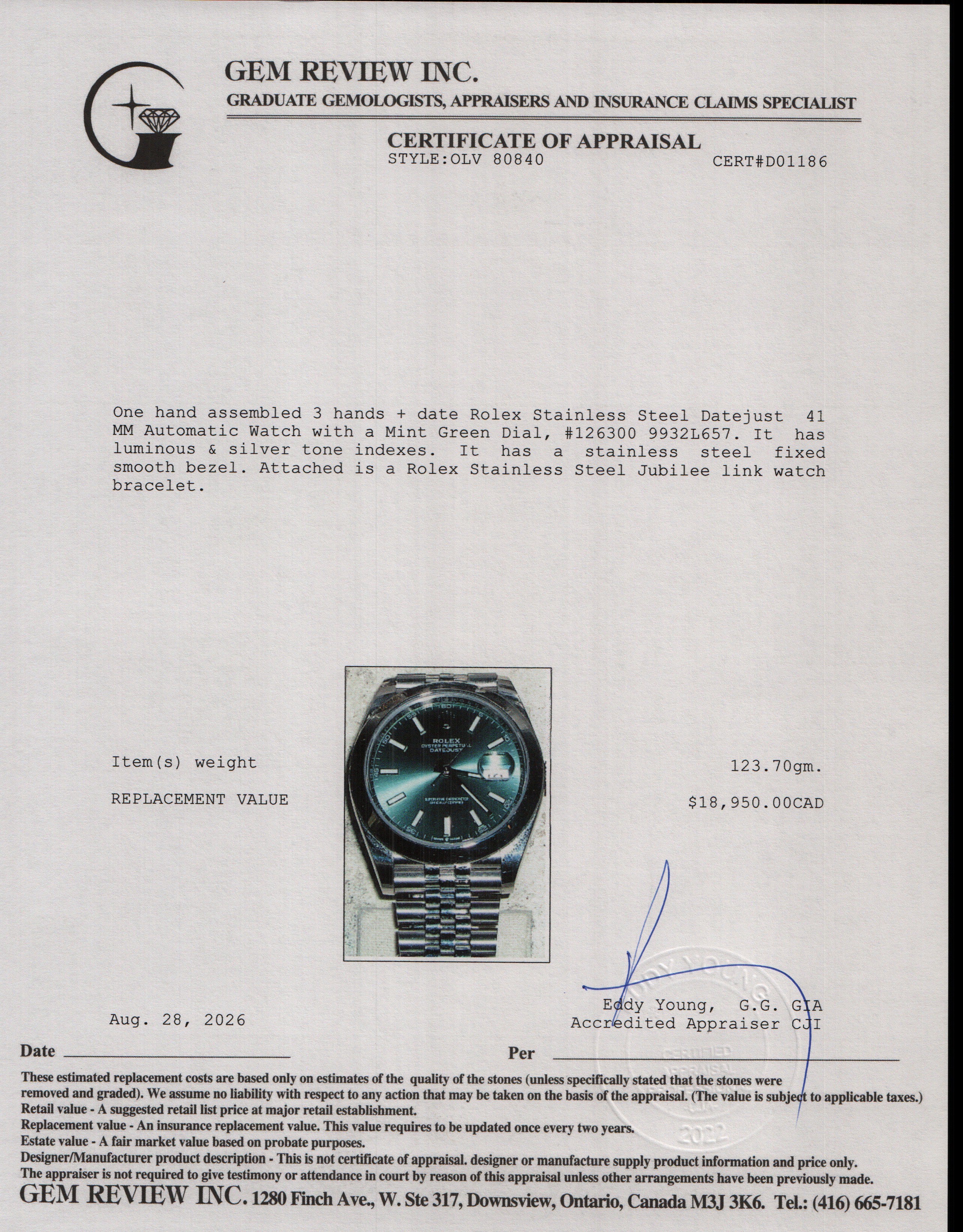Rolex 2023 Stainless Steel Datejust 41 MM Automatic Watch Mint Green Dial 126300 w/ Box & Papers