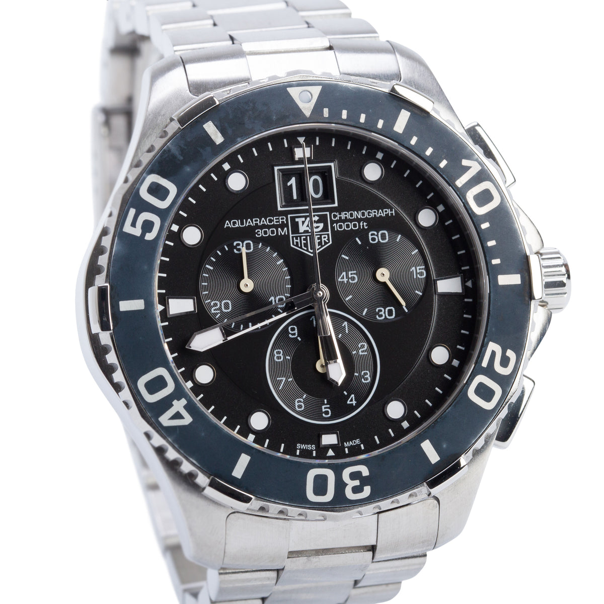 Tag Heuer Stainless Steel Aquaracer Grande Date 43 MM Chronograph Quartz Watch Black Dial CAN1010