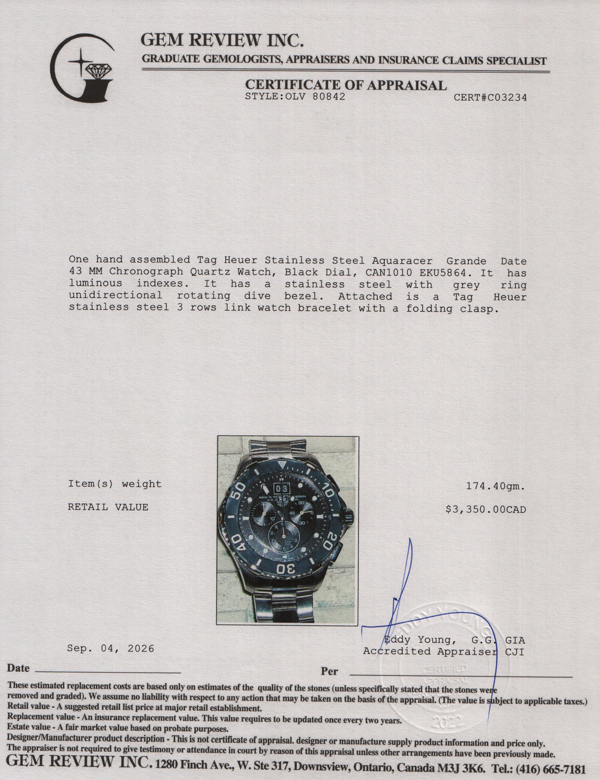 Tag Heuer Stainless Steel Aquaracer Grande Date 43 MM Chronograph Quartz Watch Black Dial CAN1010