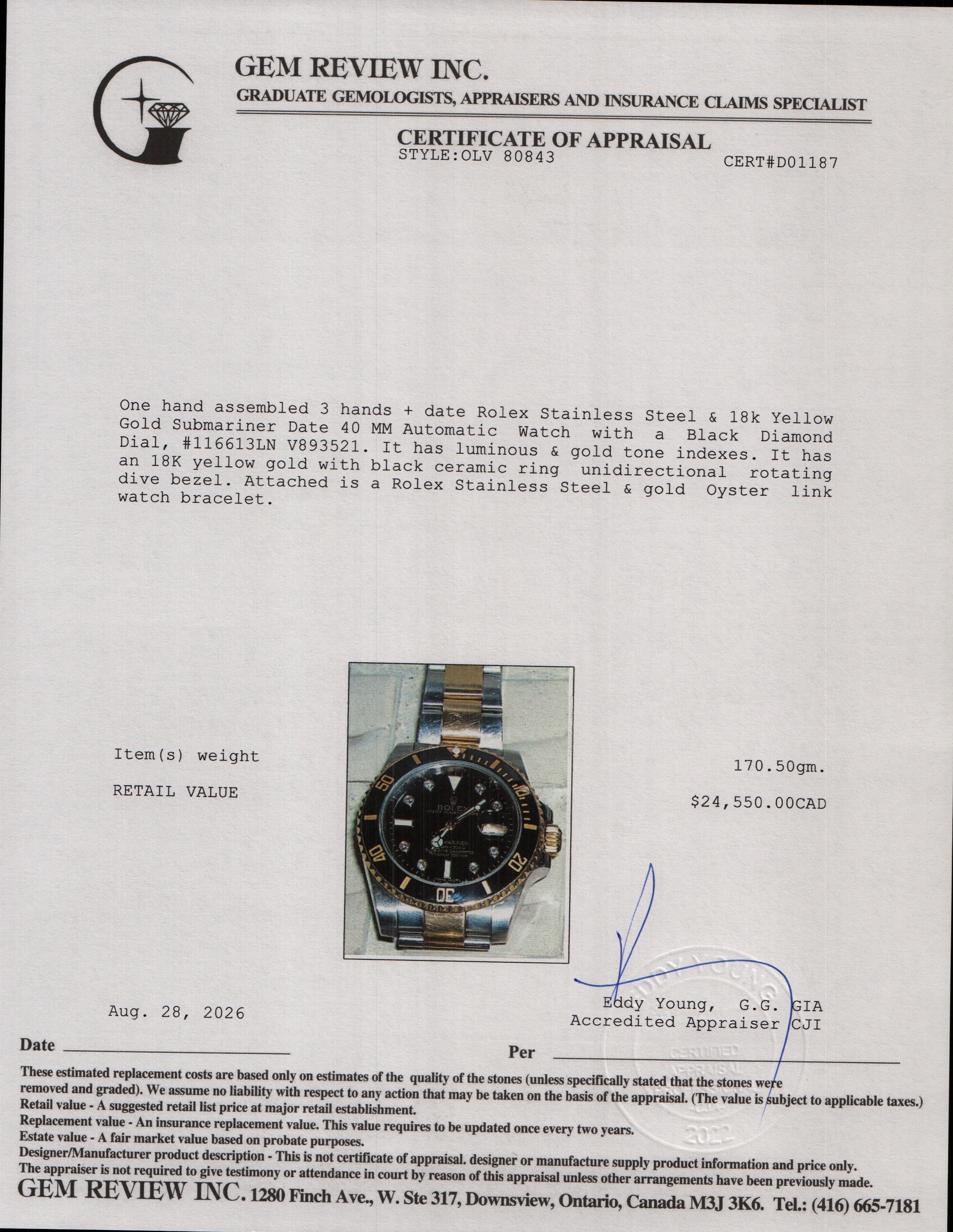 Rolex Stainless Steel & 18k Yellow Gold Submariner Date 40 MM Automatic Watch Black Diamond Dial 116613LN