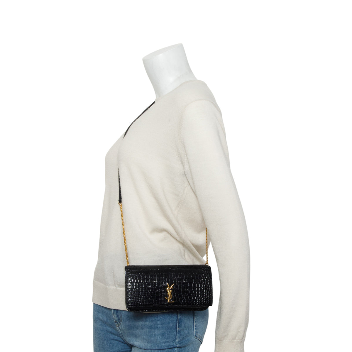 Saint Laurent 2025 Navy Shiny Croc Embossed Leather Cassandre Phone Holder