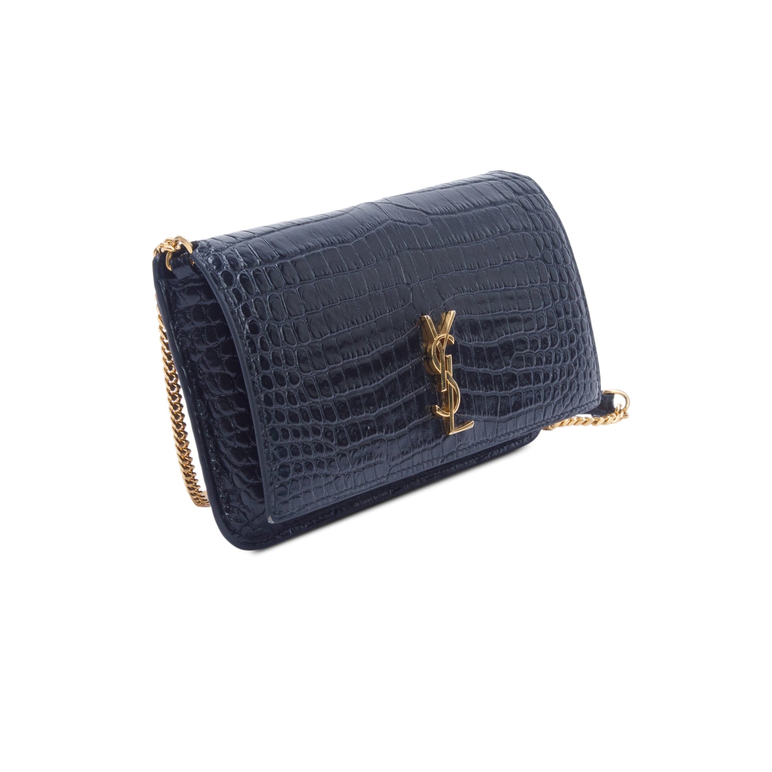 Saint Laurent 2025 Navy Shiny Croc Embossed Leather Cassandre Phone Holder