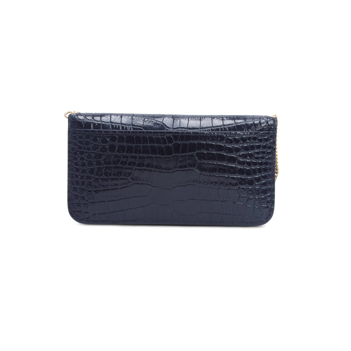 Saint Laurent 2025 Navy Shiny Croc Embossed Leather Cassandre Phone Holder