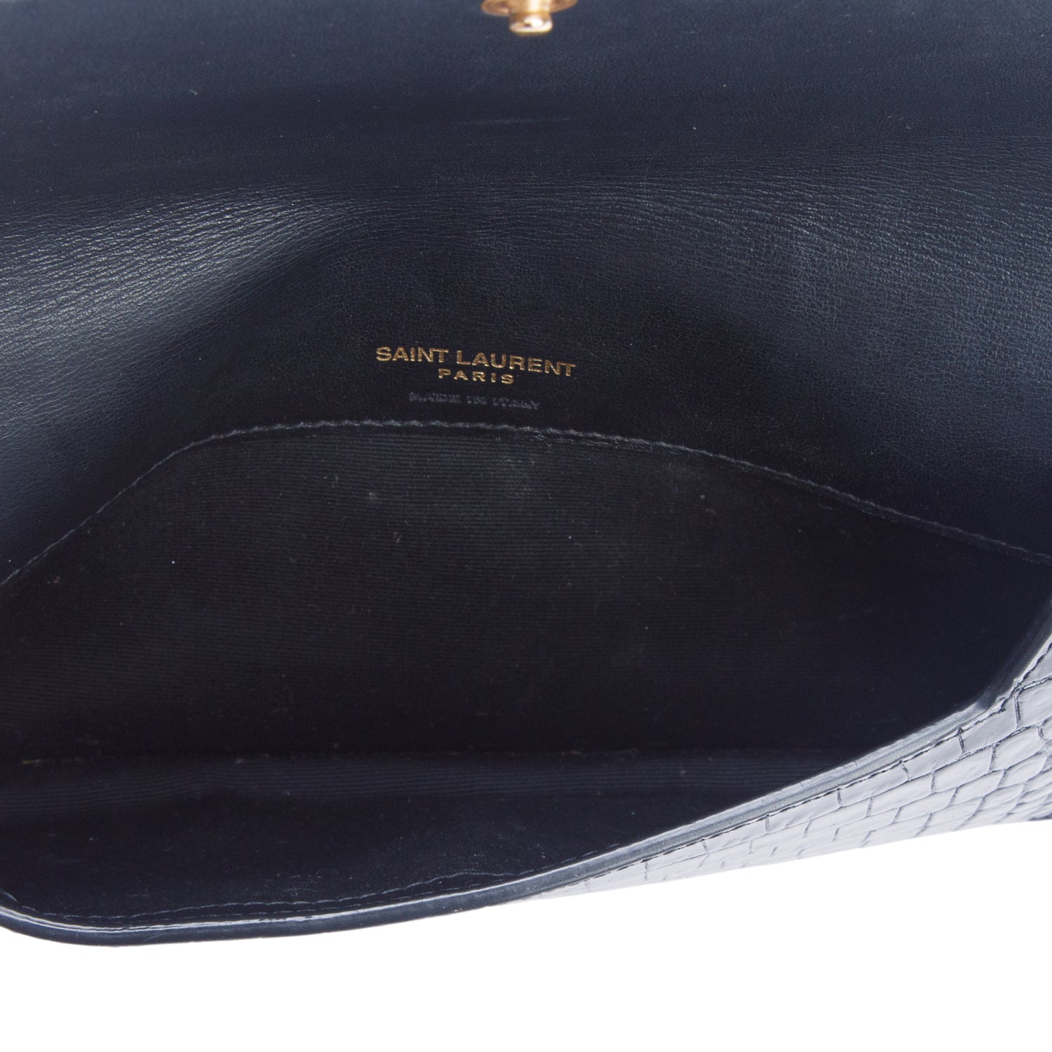 Saint Laurent 2025 Navy Shiny Croc Embossed Leather Cassandre Phone Holder