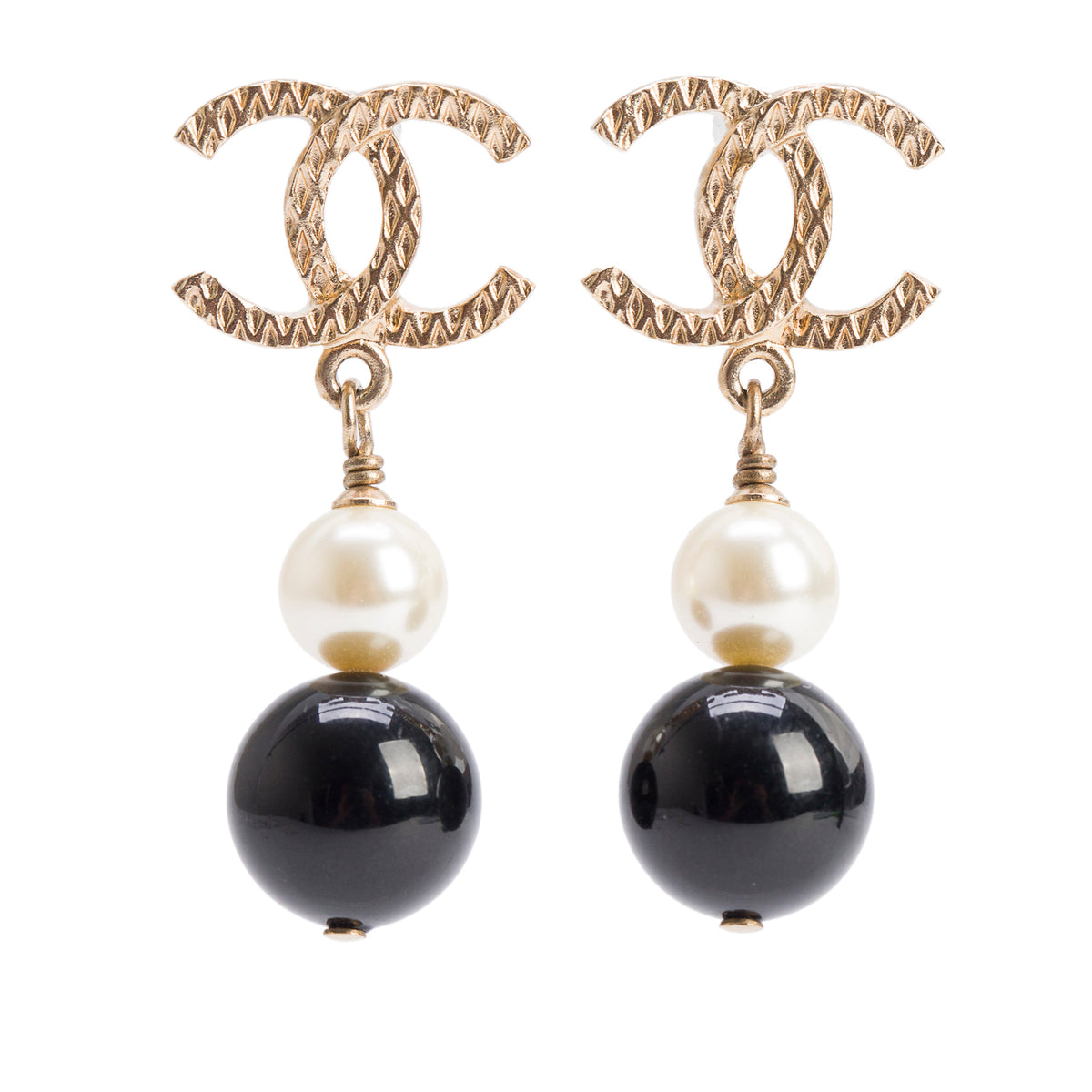 Chanel Gold Plated Faux Pearl Black Resin Textured CC Drop Earrings