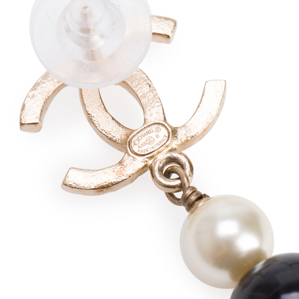 Chanel Gold Plated Faux Pearl Black Resin Textured CC Drop Earrings