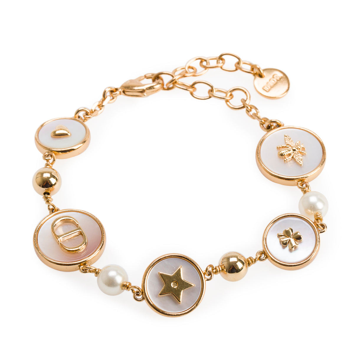 Christian Dior Gold-Plated Faux Pearl Mother of Pearl D-Luck Charm Bracelet