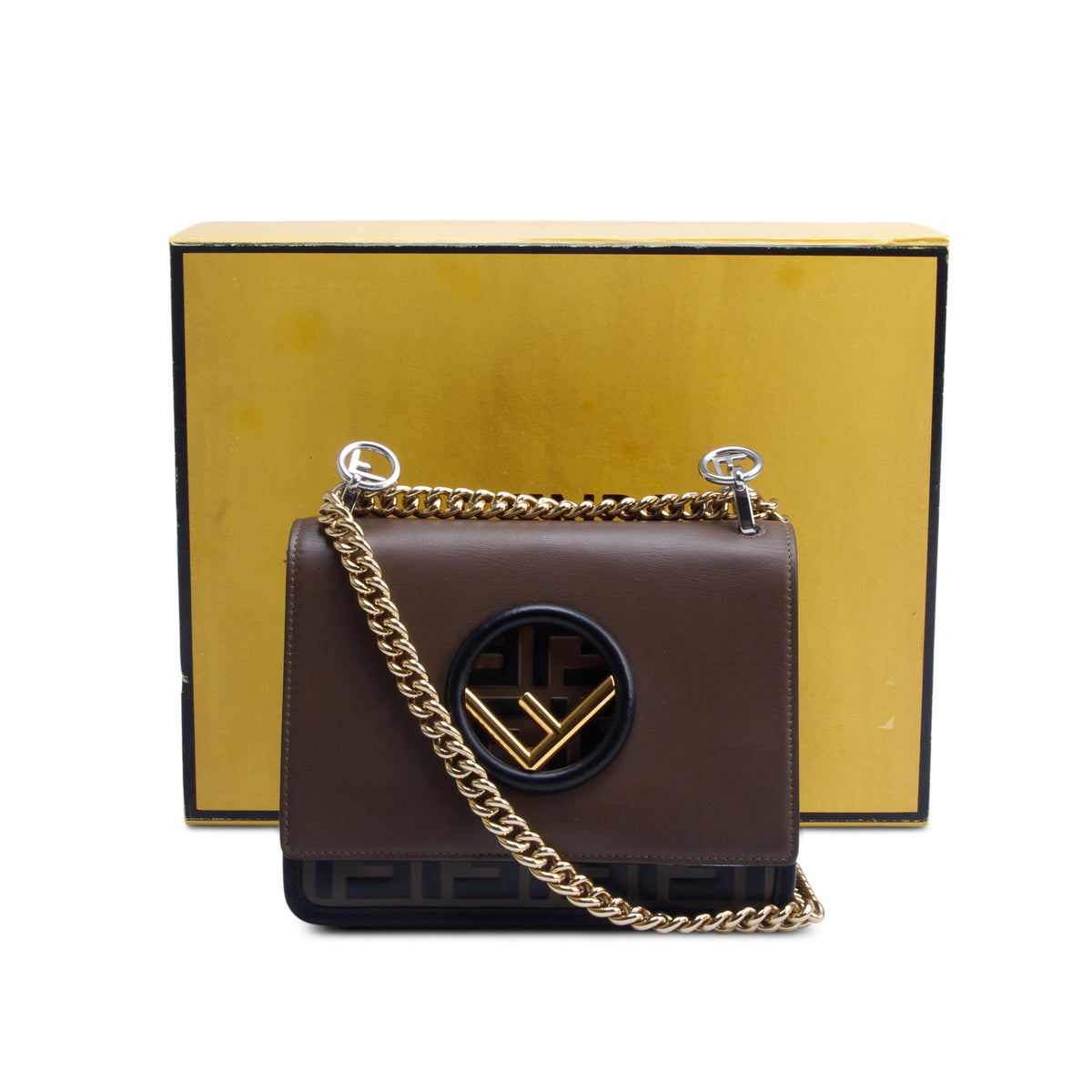 Fendi Brown Vitello Century Leather FF 1974 Embossed Small Kan I Shoulder Bag w/ Box
